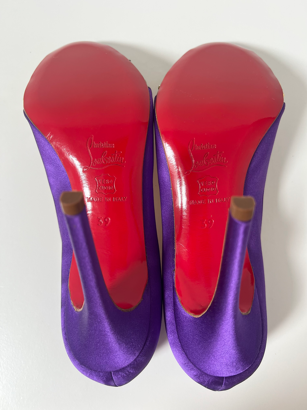 Thumbnail: Christian Louboutin Purple Satin Peep Toe Heels Size 39