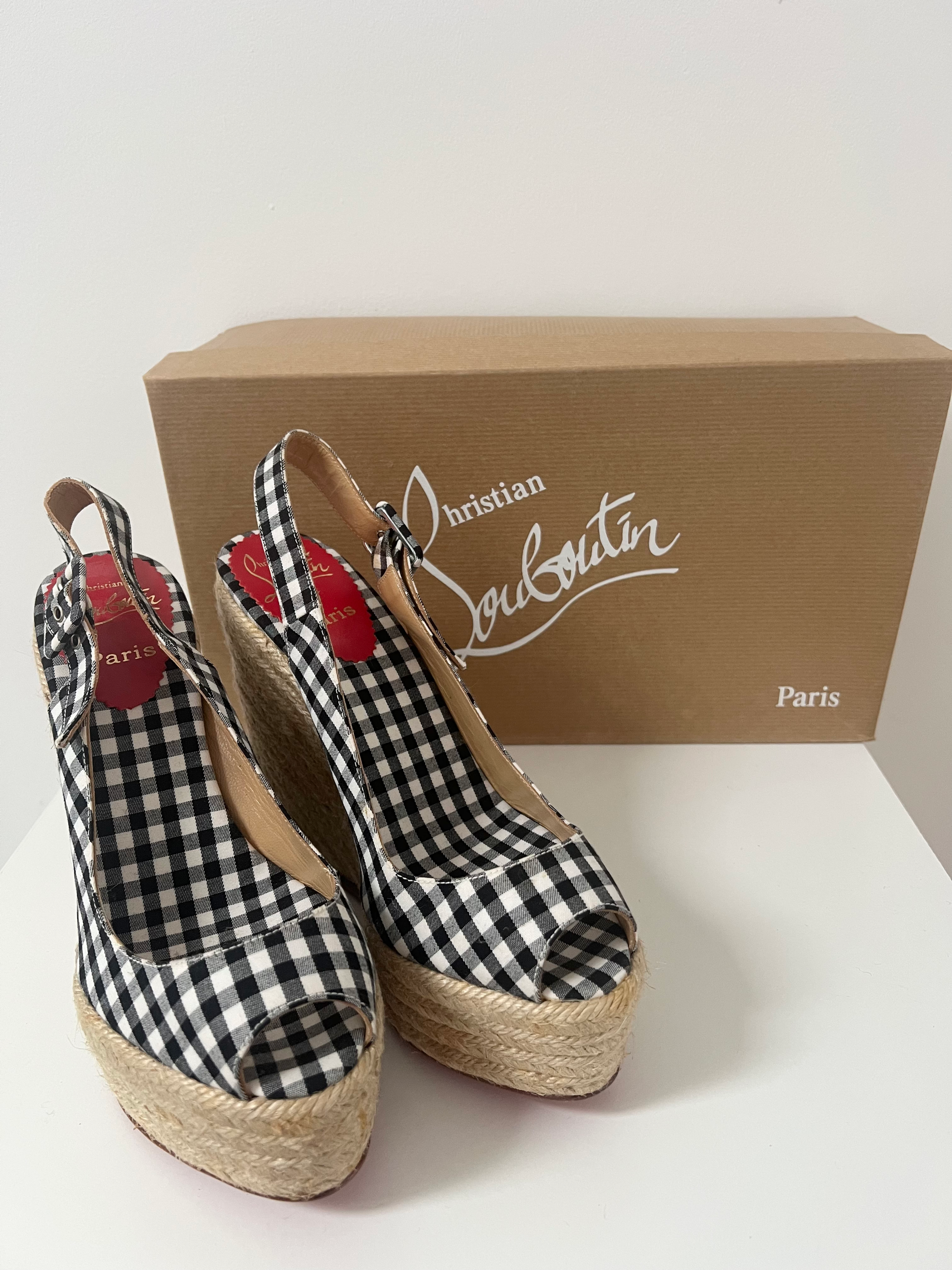 Christian Louboutin Black Gingham Menorca Wedges Size 38