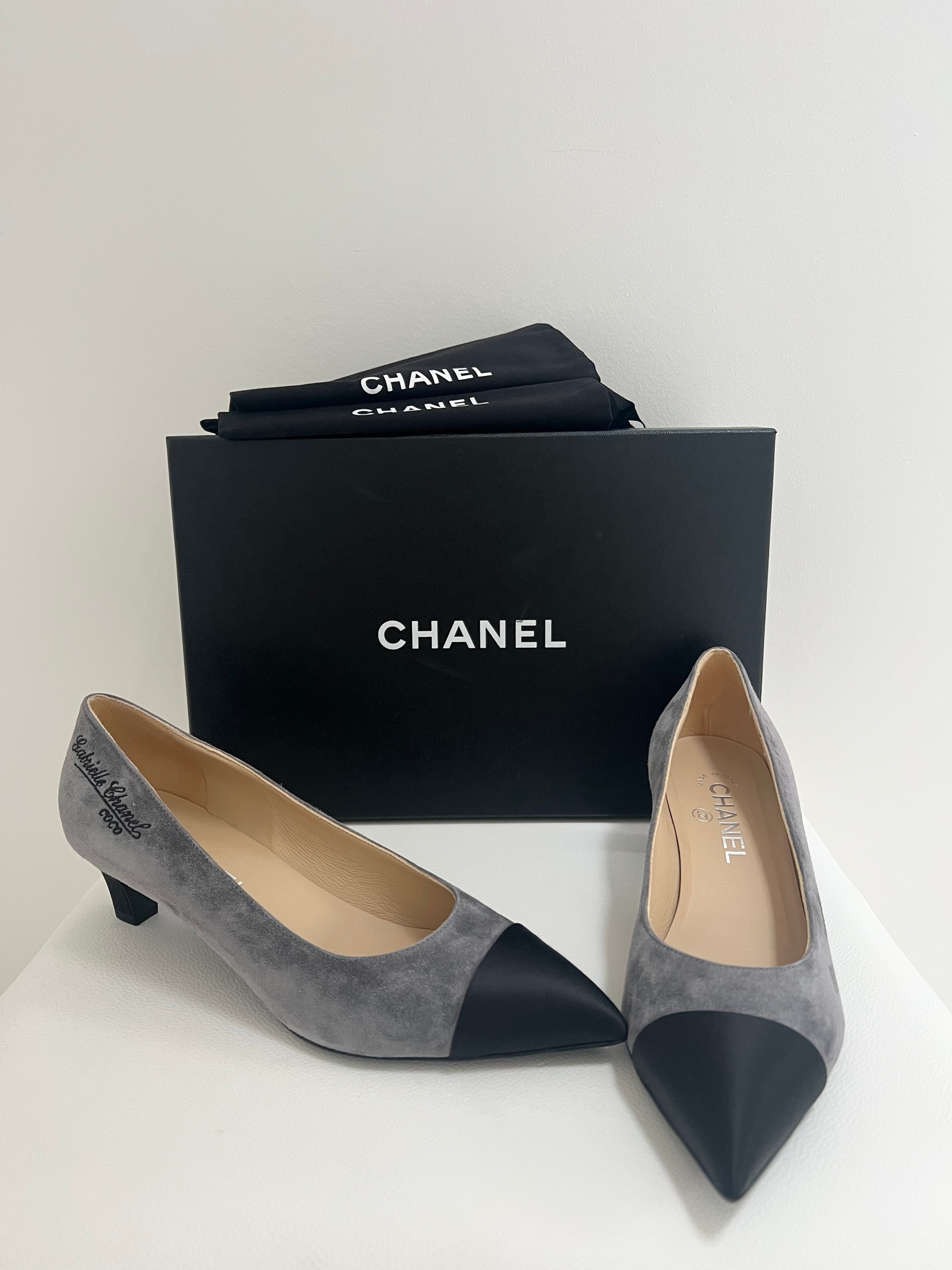 Pair of Chanel Grey Suede Gabrielle Heels Size 38