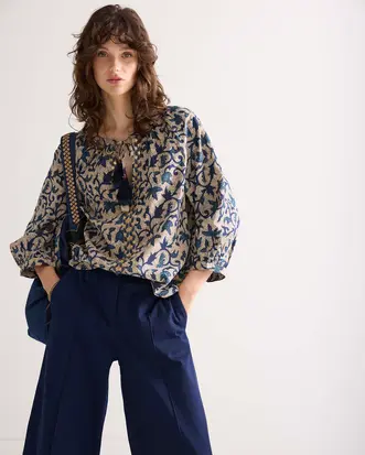 blouse, blauw print, v-hals, summum,