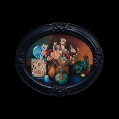  A beutiful still life painting of dried flowers and antique vases in an ornate vintage frame by Marinda Swartz