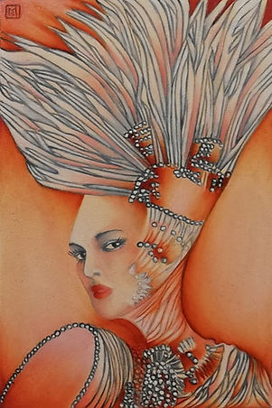 "Cabaret"Oil painted on postcard for Brassworks gallery postcardshow 2023 by Marinda Swartz art popsurrealism surrealism contemporary art