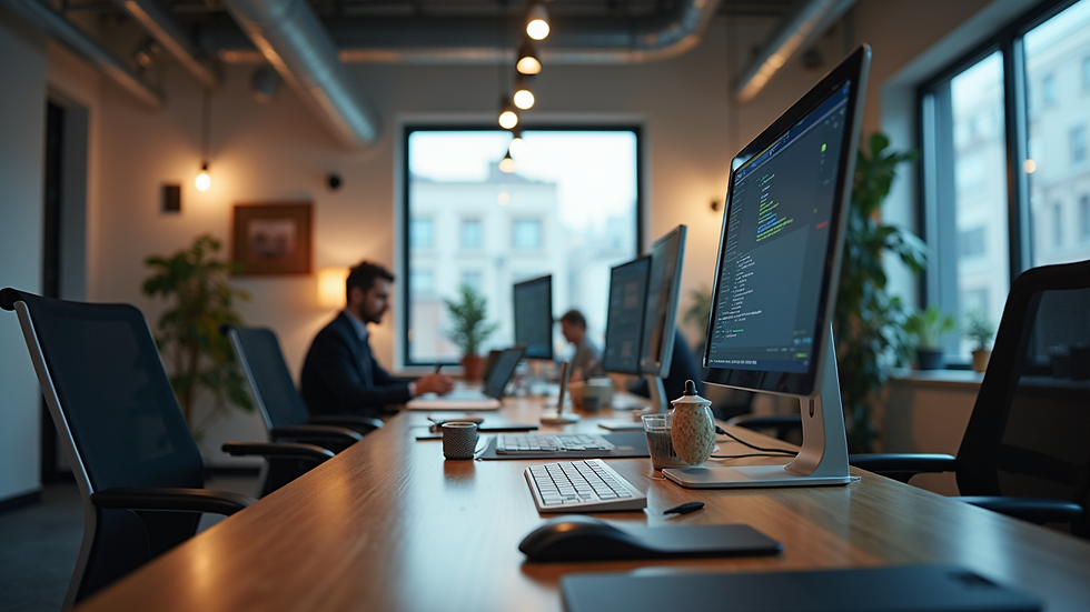 Eye-level view of a modern workspace with a collaborative setup