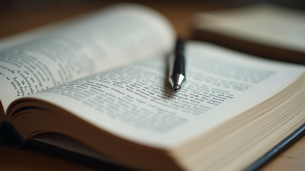 Close-up view of an open book with handwritten notes and a pen