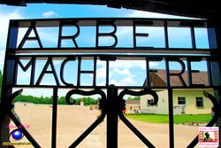 Entrance to Dachau, which translated means "Work Sets [You] Free"