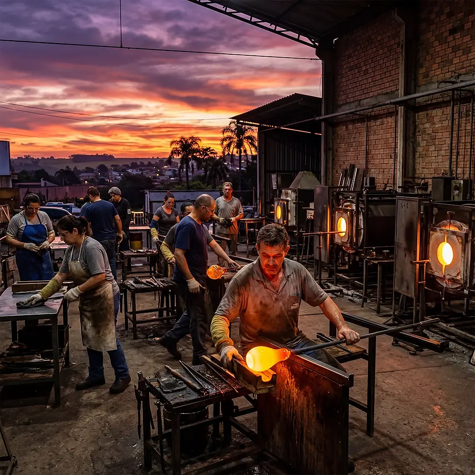 Fábrica de vidro com material incandescente sendo moldado no Brasil