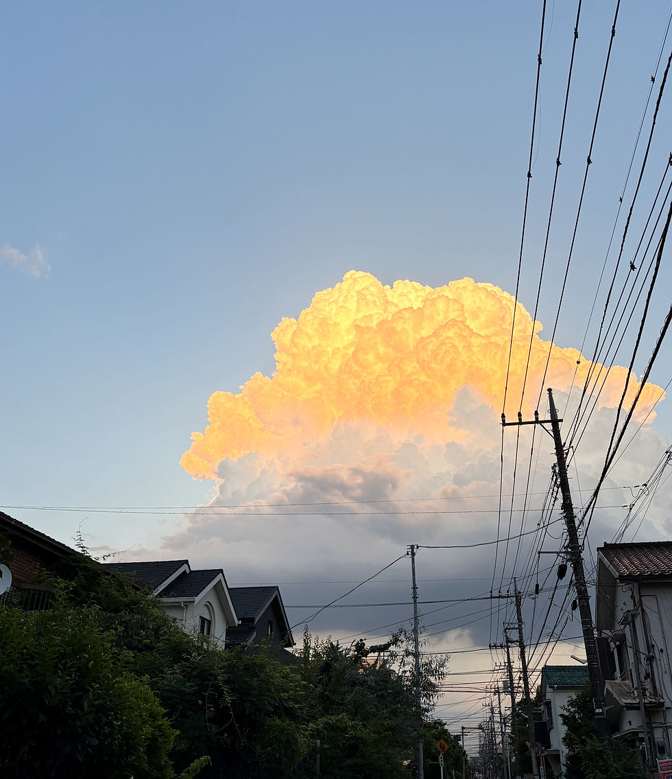 夏の雲が二段になっていて上には太陽が当たって赤くなり、下は潰れたような形をしている