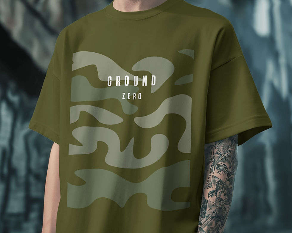 Olive green t-shirt with "GROUND ZERO" text and camo design LUXR