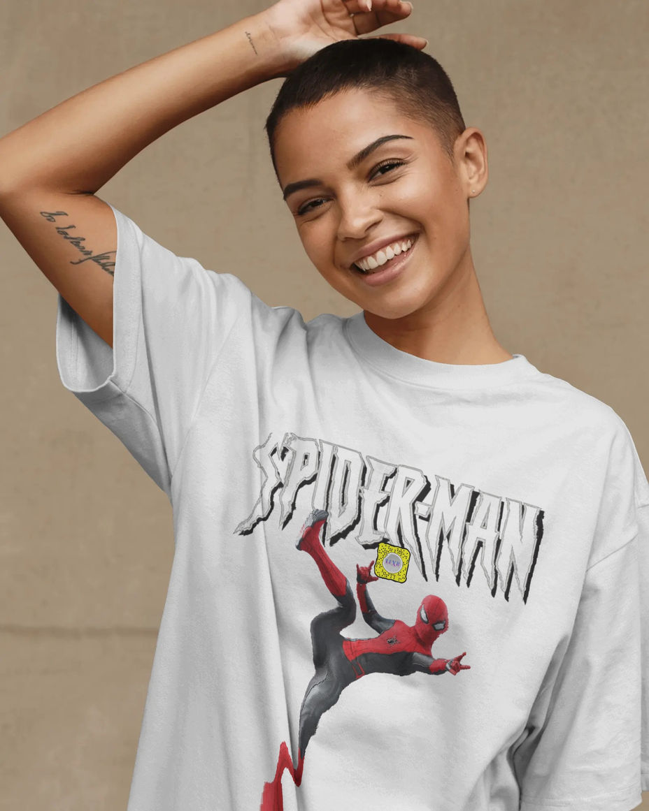 Woman wearing Spider-Man shirt with text and Spider-Man graphic LUXR