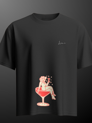 Black t-shirt with "love" and a cocktail glass design featuring a woman.