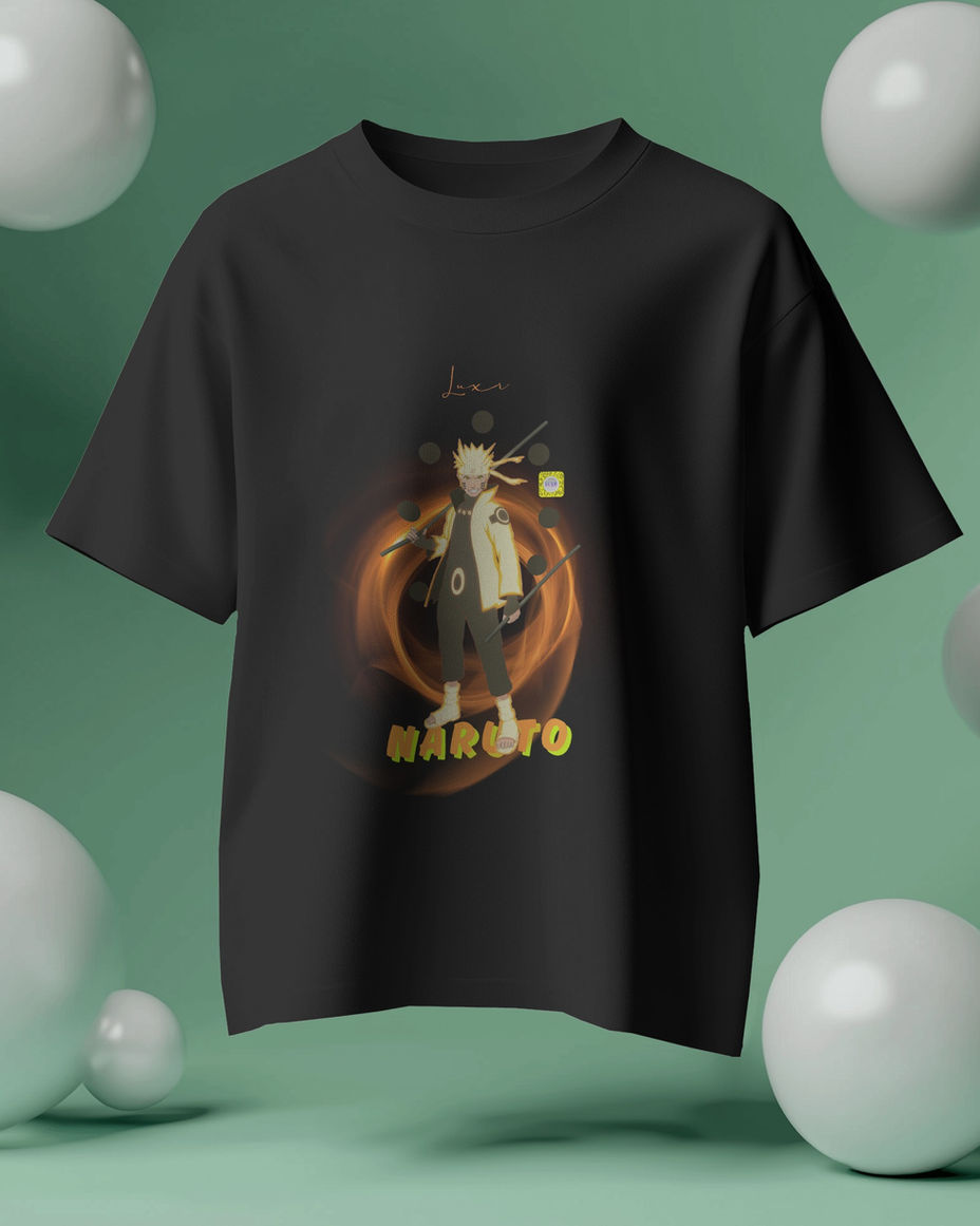 Black Naruto t-shirt with Naruto graphic design, Naruto French Terry Baggie.