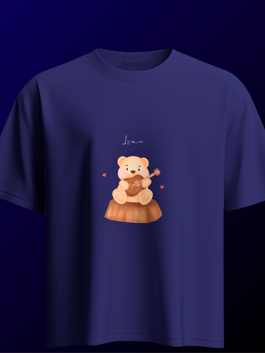 Navy blue t-shirt featuring a bear playing guitar, text says "Love".