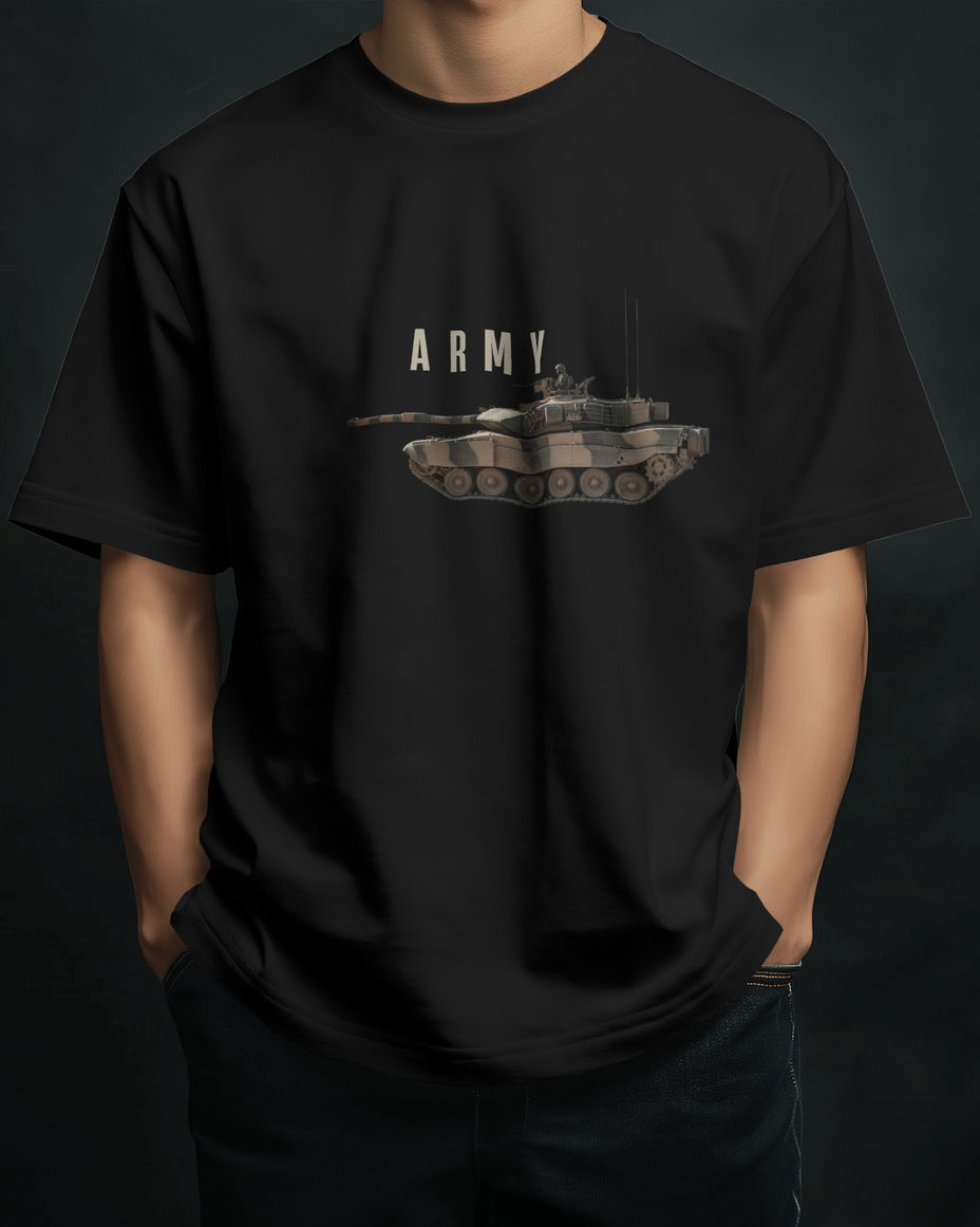 Black t-shirt with the word ARMY and a tank illustration.