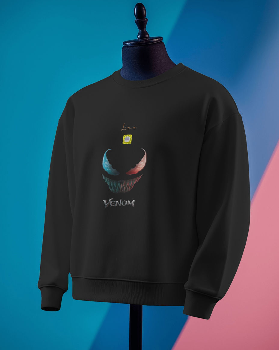 Venom graphic on black sweatshirt, with Venom text and LUXR design.