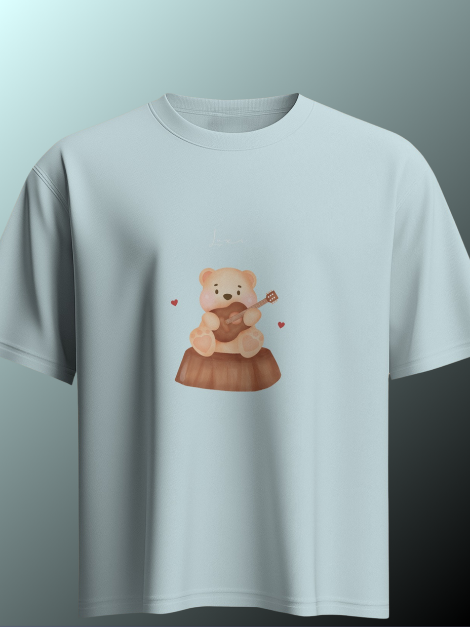 Light blue t-shirt with a bear playing a ukulele and the word love