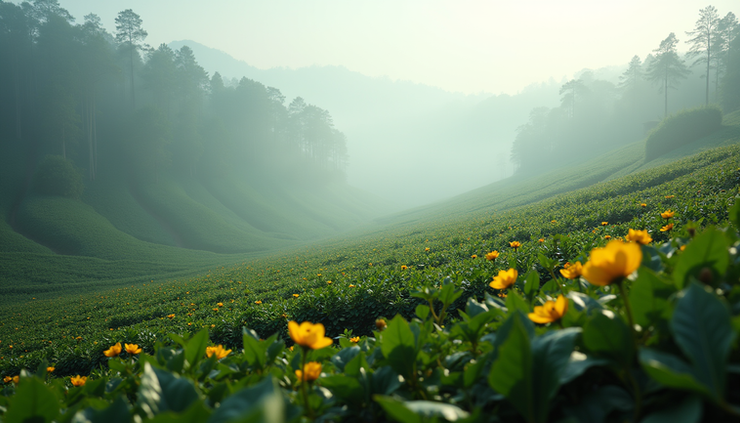 Eye-level view of a misty coffee plantation in Coorg with blooming flowers