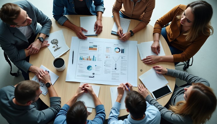 Blick aus der Vogelperspektive auf ein Team, das gemeinsam an einem Strategieplan arbeitet