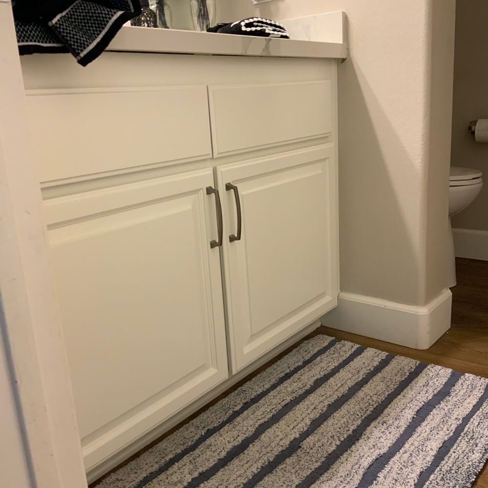 White bathroom vanity, a completed project; bathroom-cabinet-refinishing-valley center