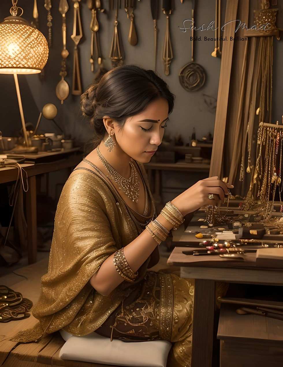 A well-lit sustainable jewellery workshop where artisans are engaged in crafting eco-friendly artificial jewellery, a perfect amalgamation of tradition and modernity portraying a commitment towards a sustainable future.
