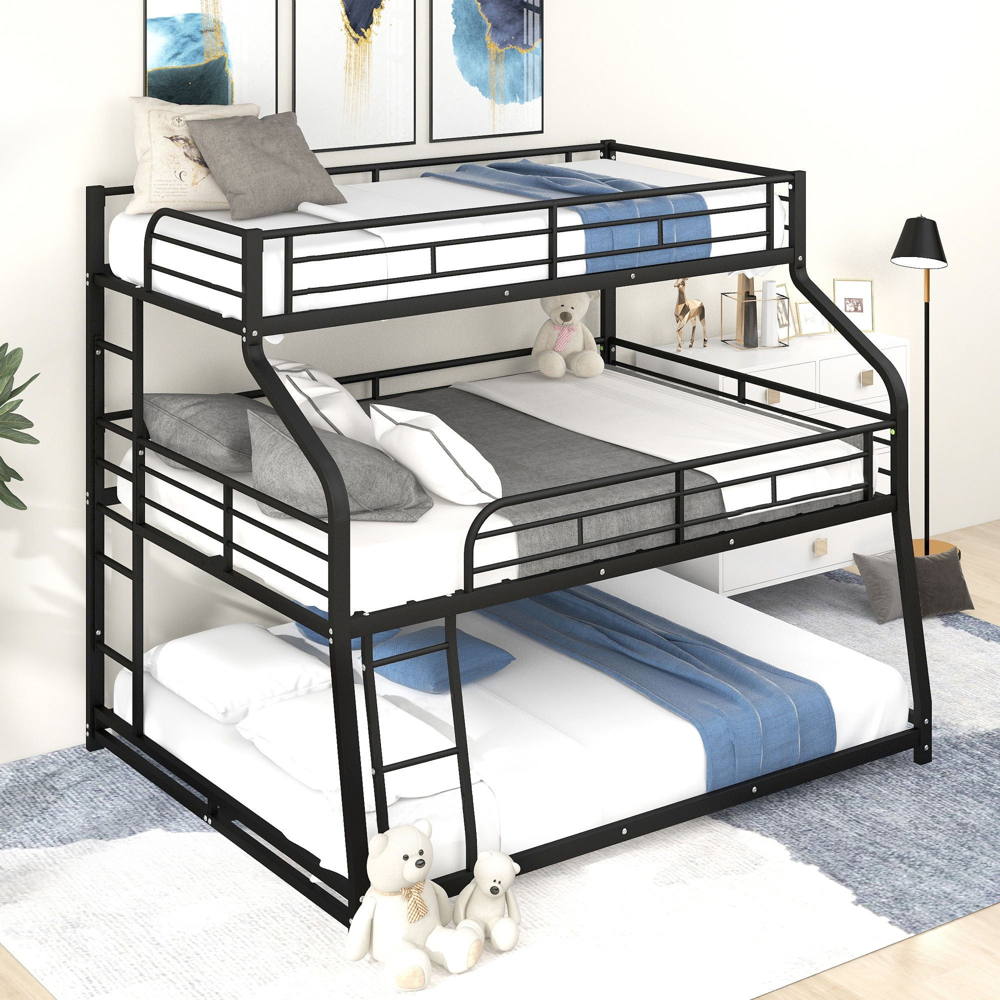 Twin Xl/Full Xl/Queen Triple Bunk Bed With Long And Short Ladder And Full Length