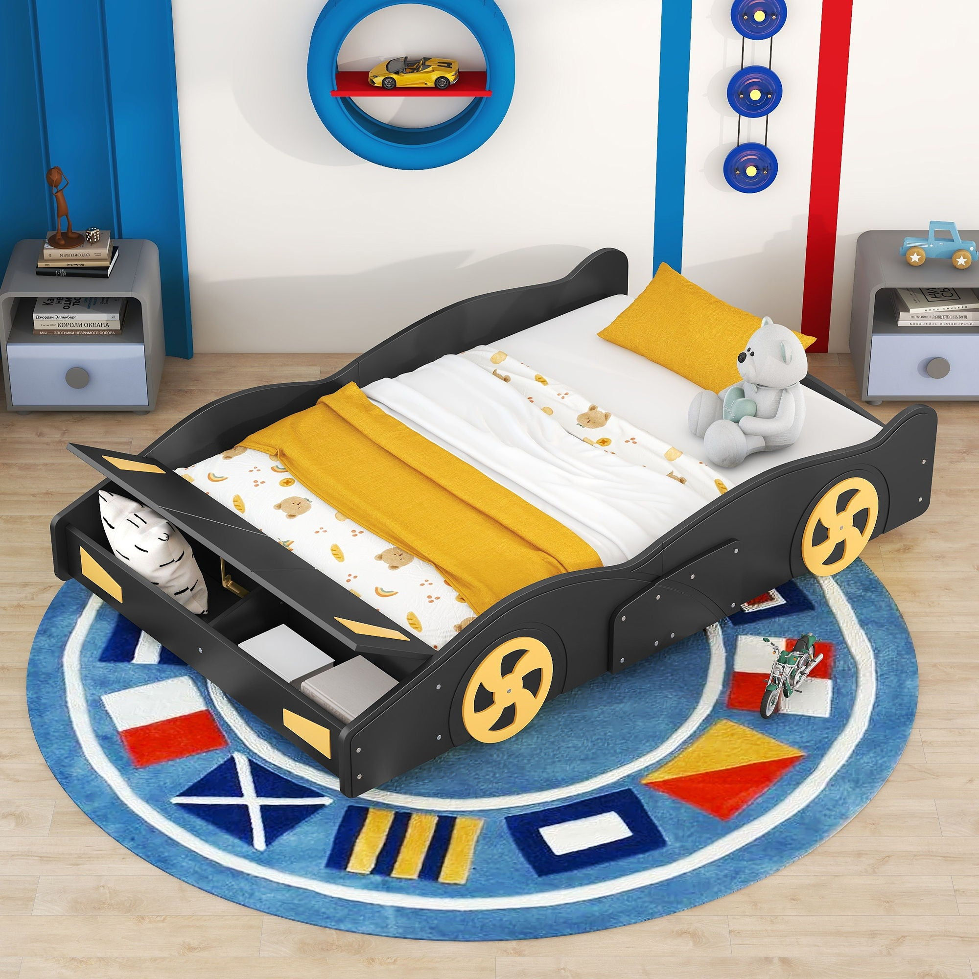 Full Size Race Car-Shaped Platform Bed With Wheels And Storage, Black / Yellow