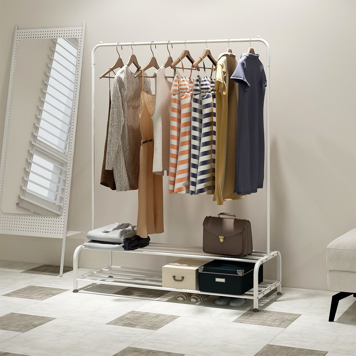 Clothing Garment Rack With Shelves, Metal Cloth Hanger Rack Stand Clothes Drying
