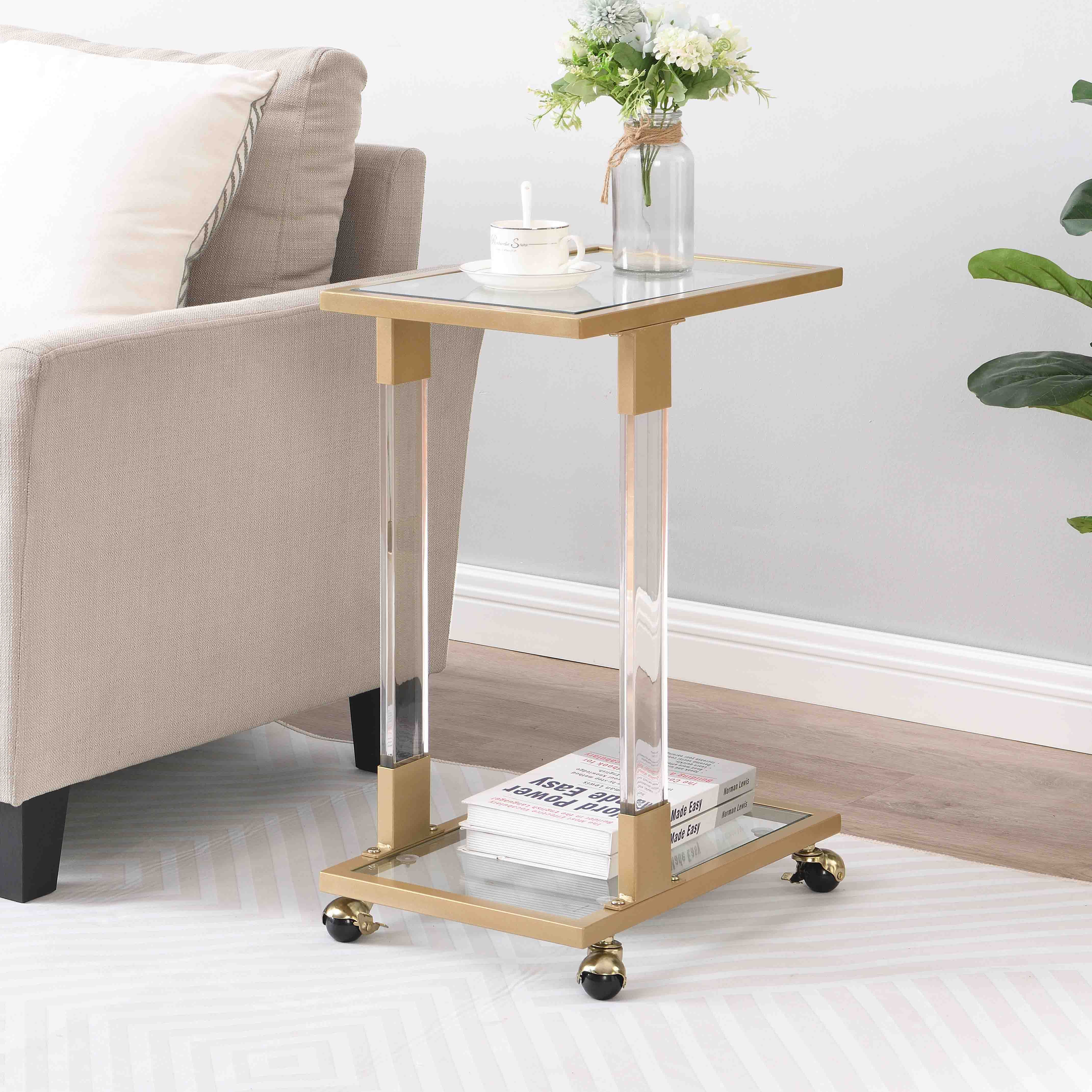 Golden Side Table, Acrylic Sofa Table, Glass Top C Shape Square Table With Metal