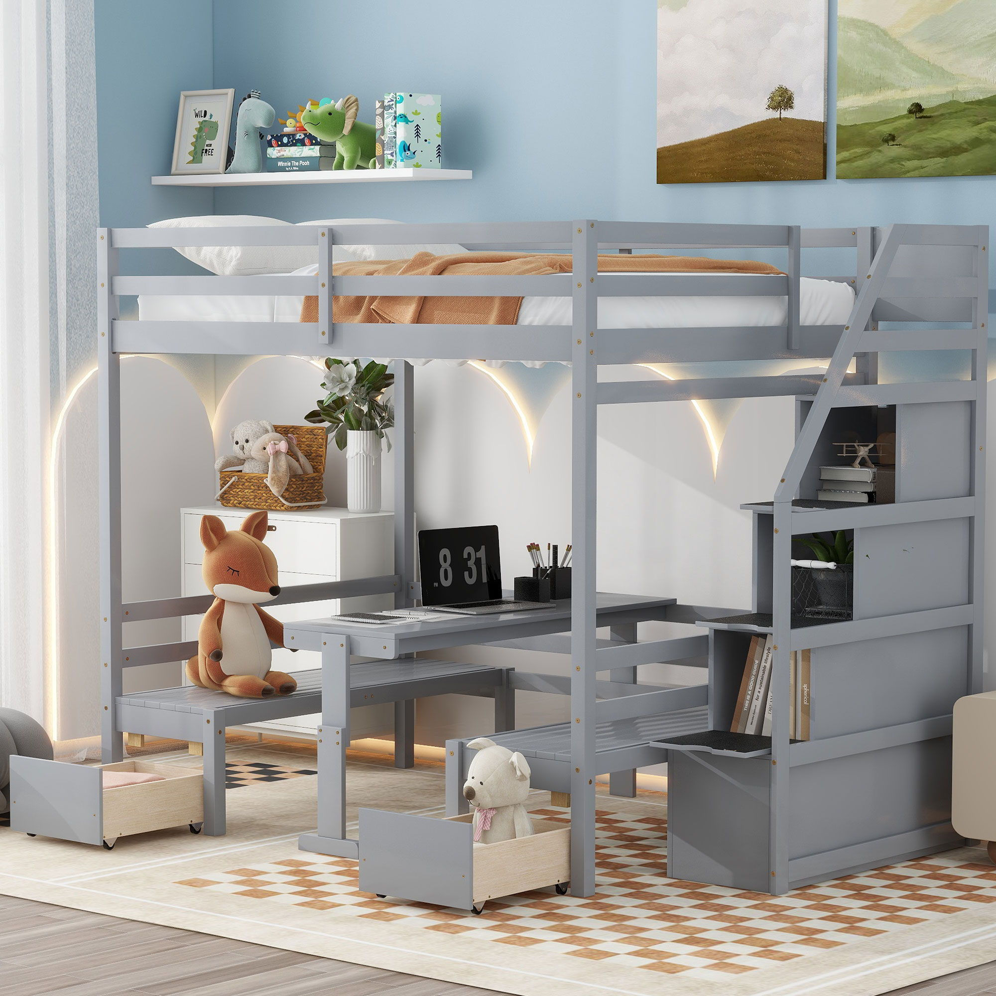 Full Over Full Size Bunk With Staircase, The Down Bed Can Be Convertible To Seat