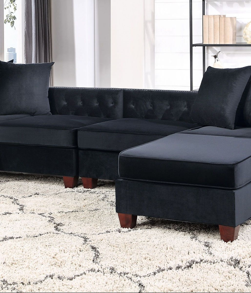 Thumbnail: Black Velvet Fabric Sectional 2X Reversible L/R Chaise And 2X Ottomans Plywood C