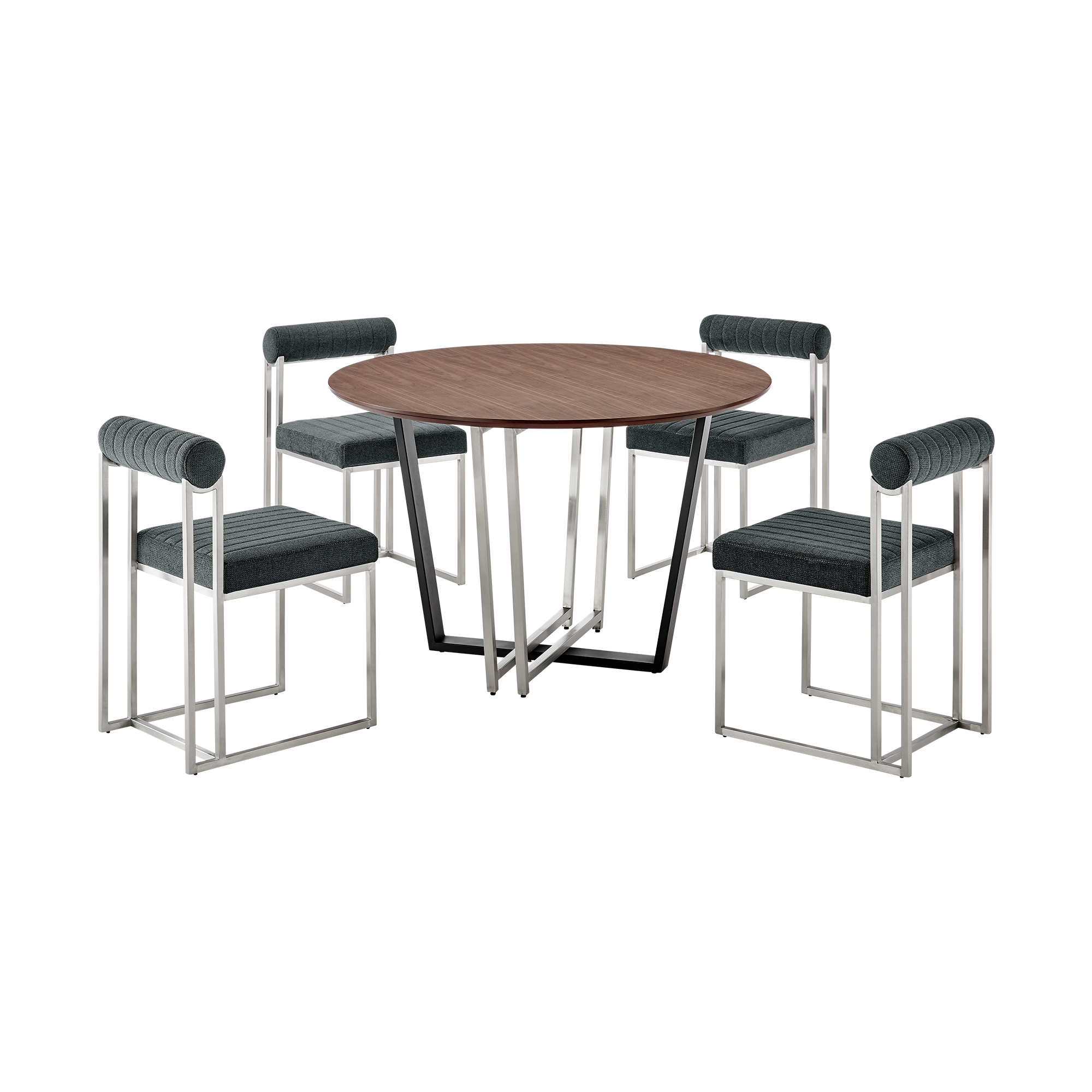 Joana Anastasia - 5 Piece Round Walnut Dining Table Set - Brushed / Charcoa
