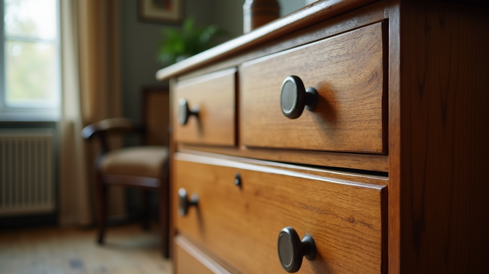 Eye-level view of vintage wooden dresser with restored finish