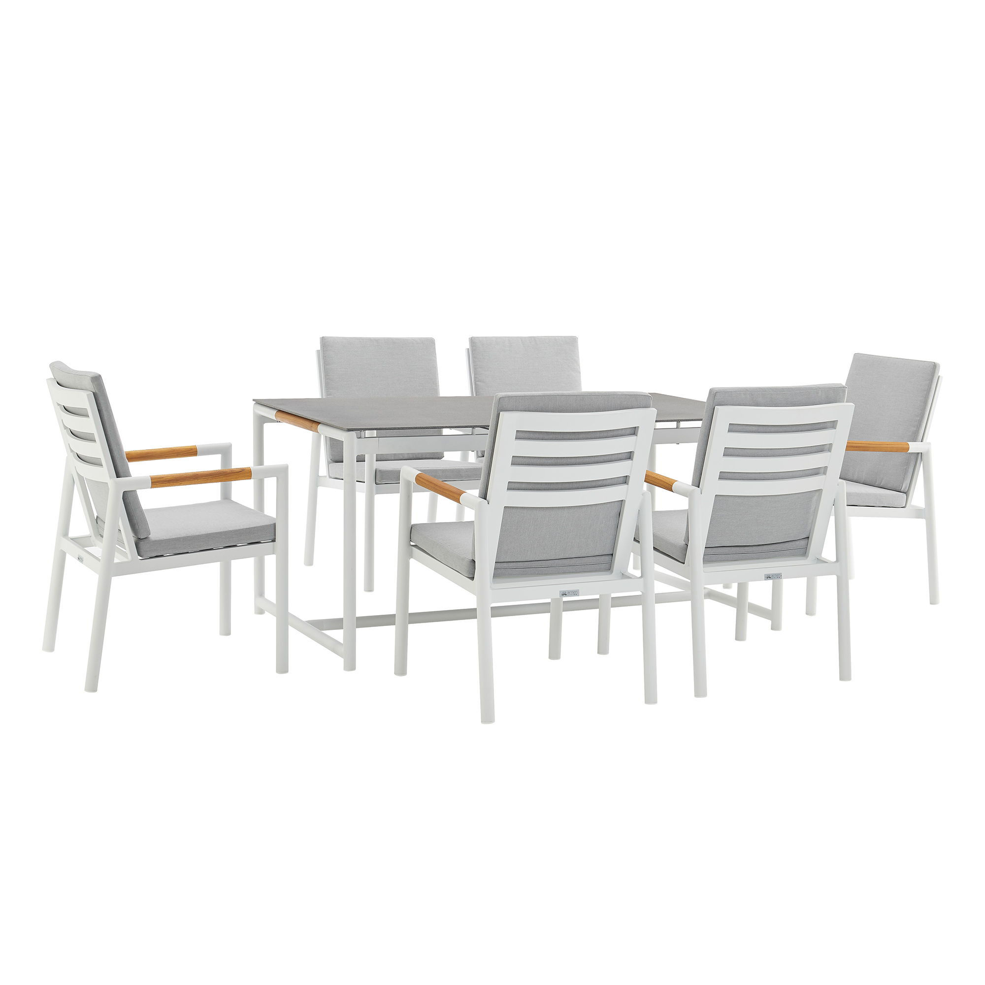 Crown - 7 Piece White Aluminum And Teak Outdoor Dining Set - Light Gray