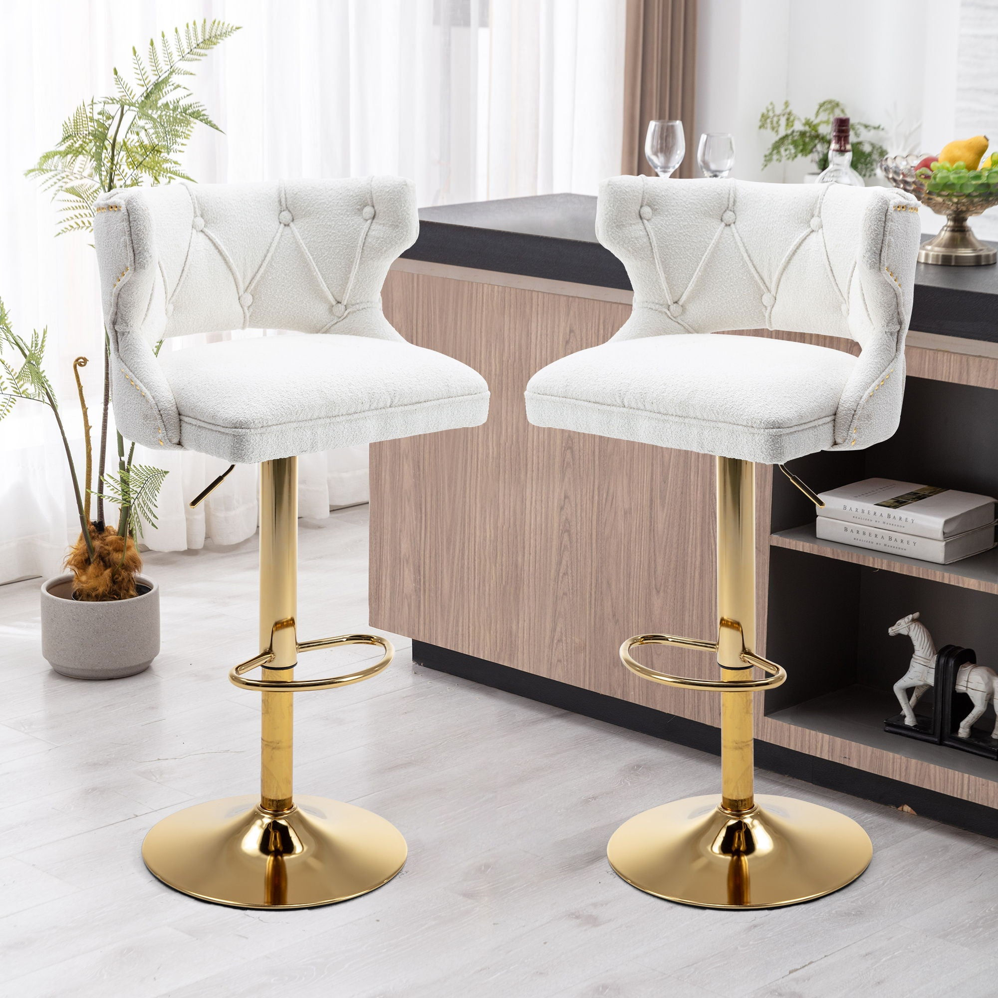 Bar Stools With Back And Footrest Counter Height Dining Chairs - Boucle Cream (S