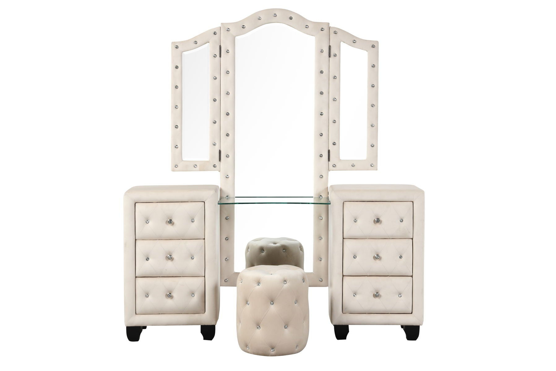 Sophia Crystal Tufted Vanity Set Made With Wood In Cream