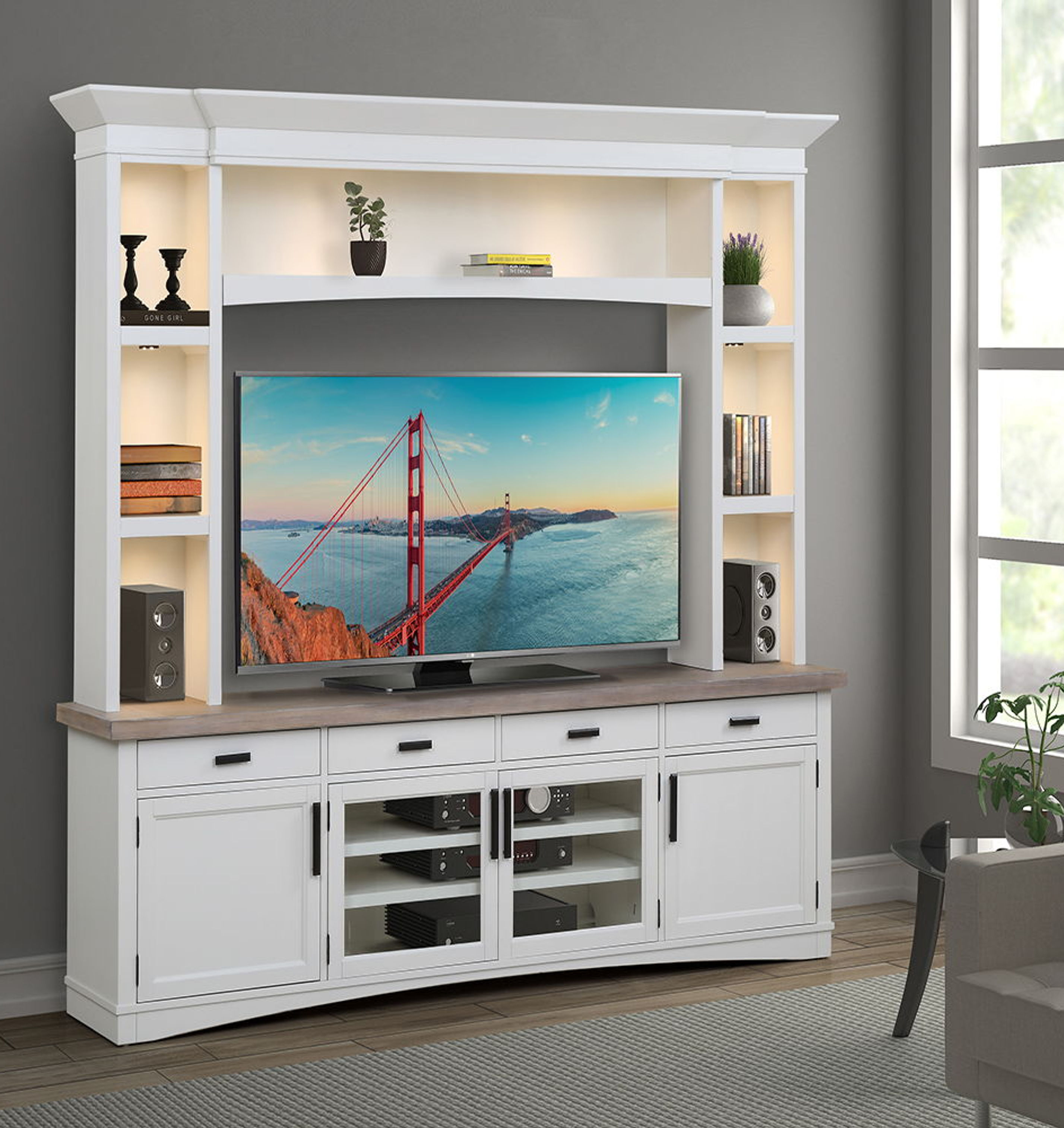 Americana Modern - TV Console with Hutch and LED Lights - Cotton