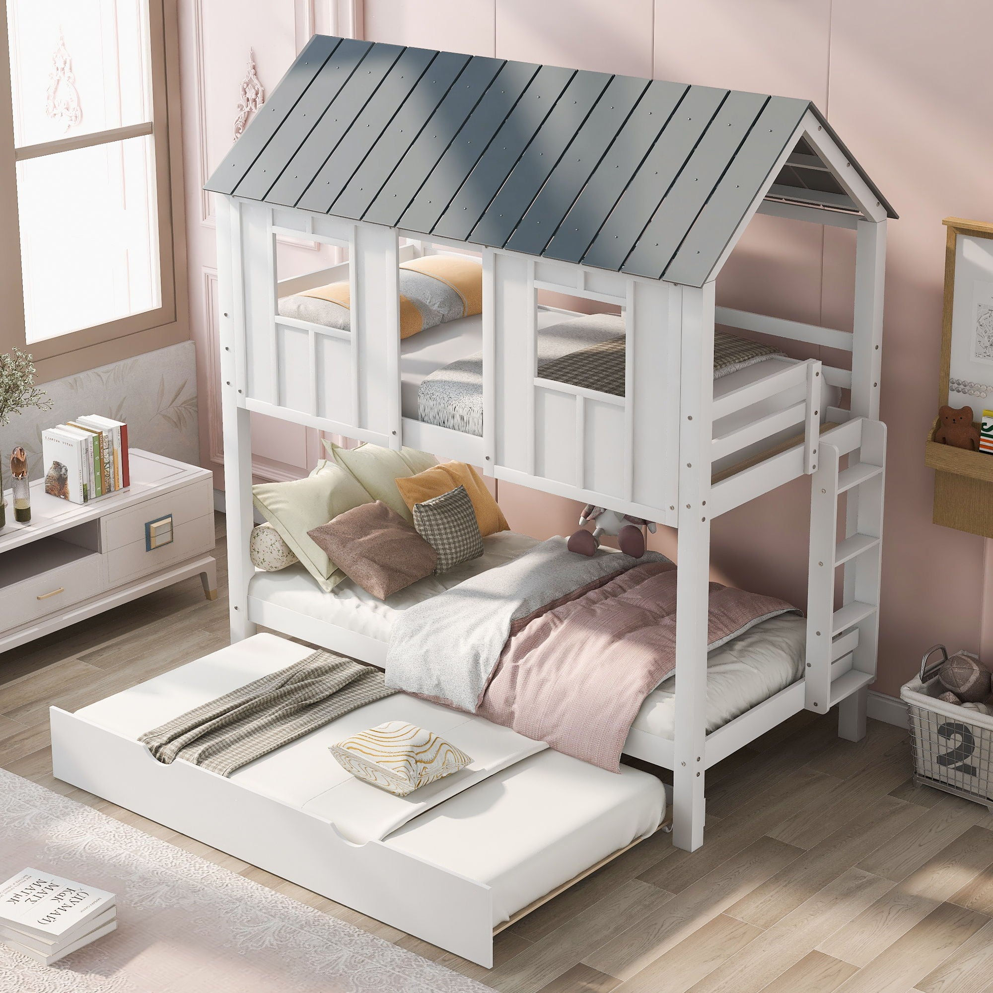 House Bunk Bed With Trundle, Roof And Windows, White