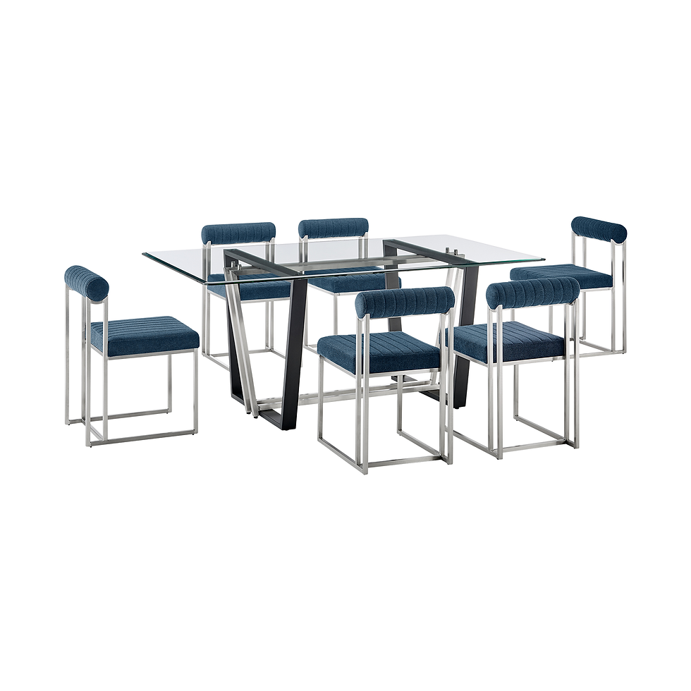 Kai Anastasia - 7 Piece Rectangular Glass Dining Table Set - Brushed / Blue