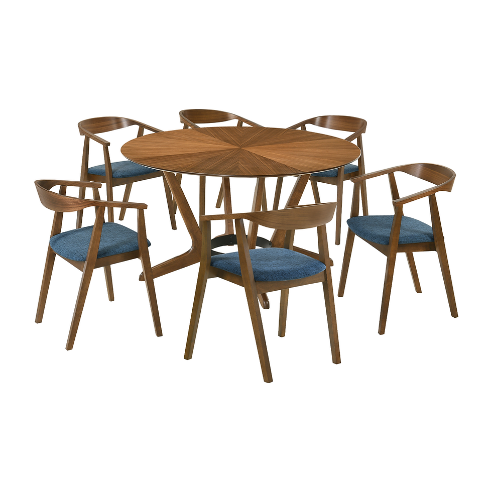 Santana - 7 Piece Round Dining Table Set - Blue / Walnut