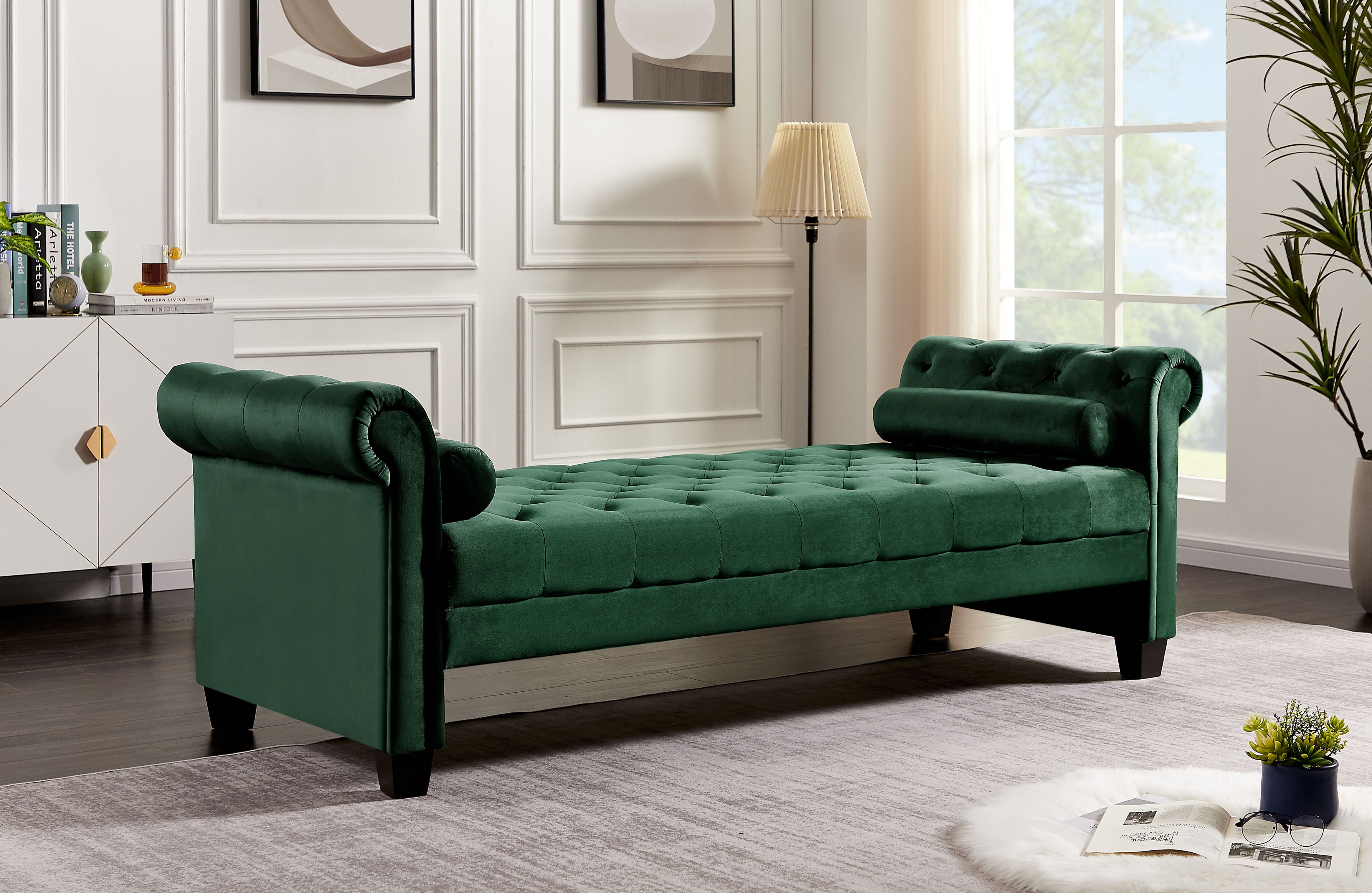Green Pleuche Rectangular Large Sofa Stool