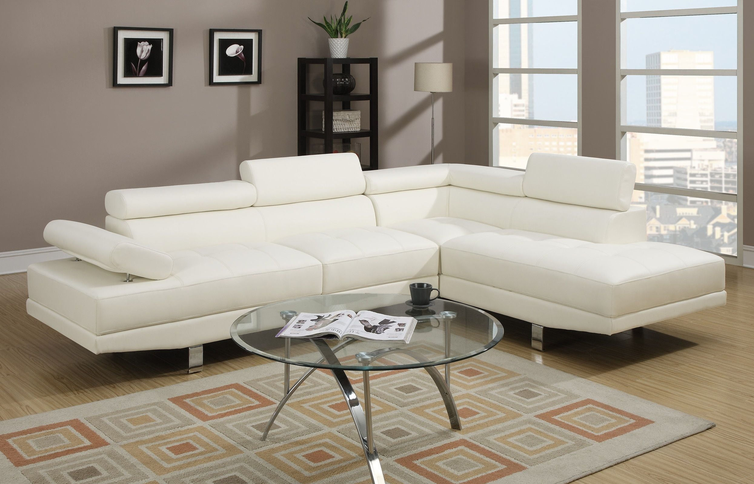 White Color Sectional Living Room Furniture Faux Leather Adjustable Headrest Rig