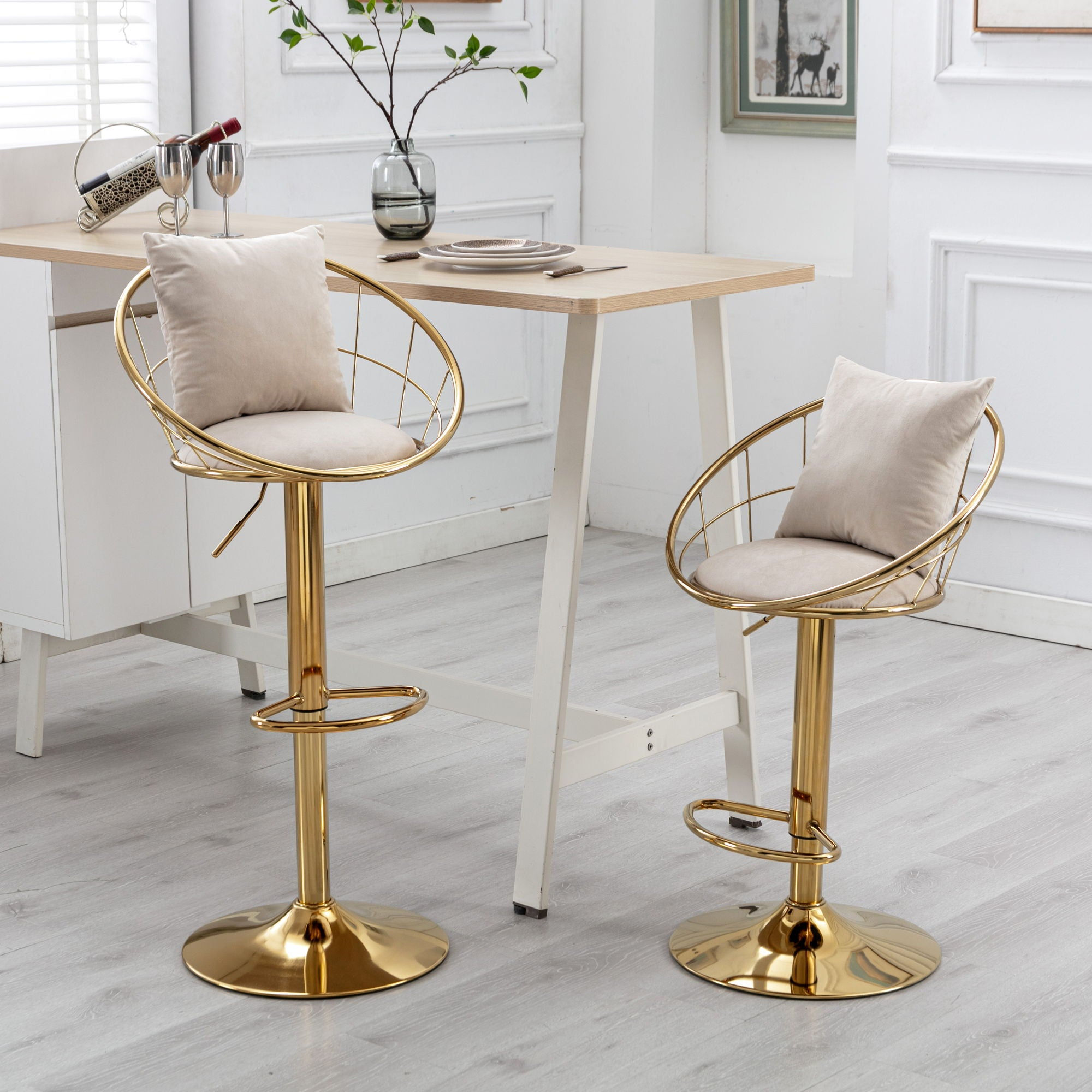 Off - White Velvet Bar Chair, Pure Gold Plated, Unique Design, 360 Degree Rotati