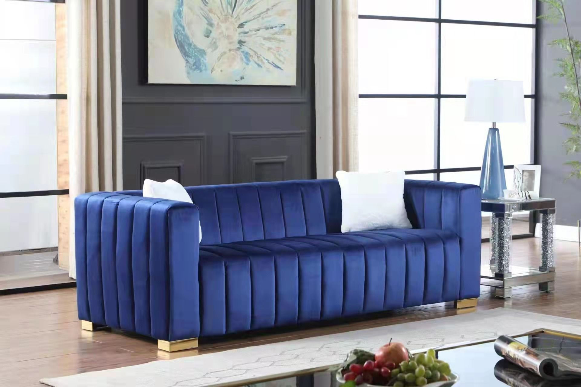 A Modern Channel Sofa Take On A Traditional Chesterfield, Navy Blue Color, 3 Sea