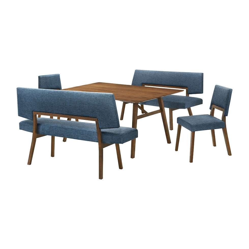 Channell - 5 Piece Walnut Wood Dining Table Set With Benches - Blue