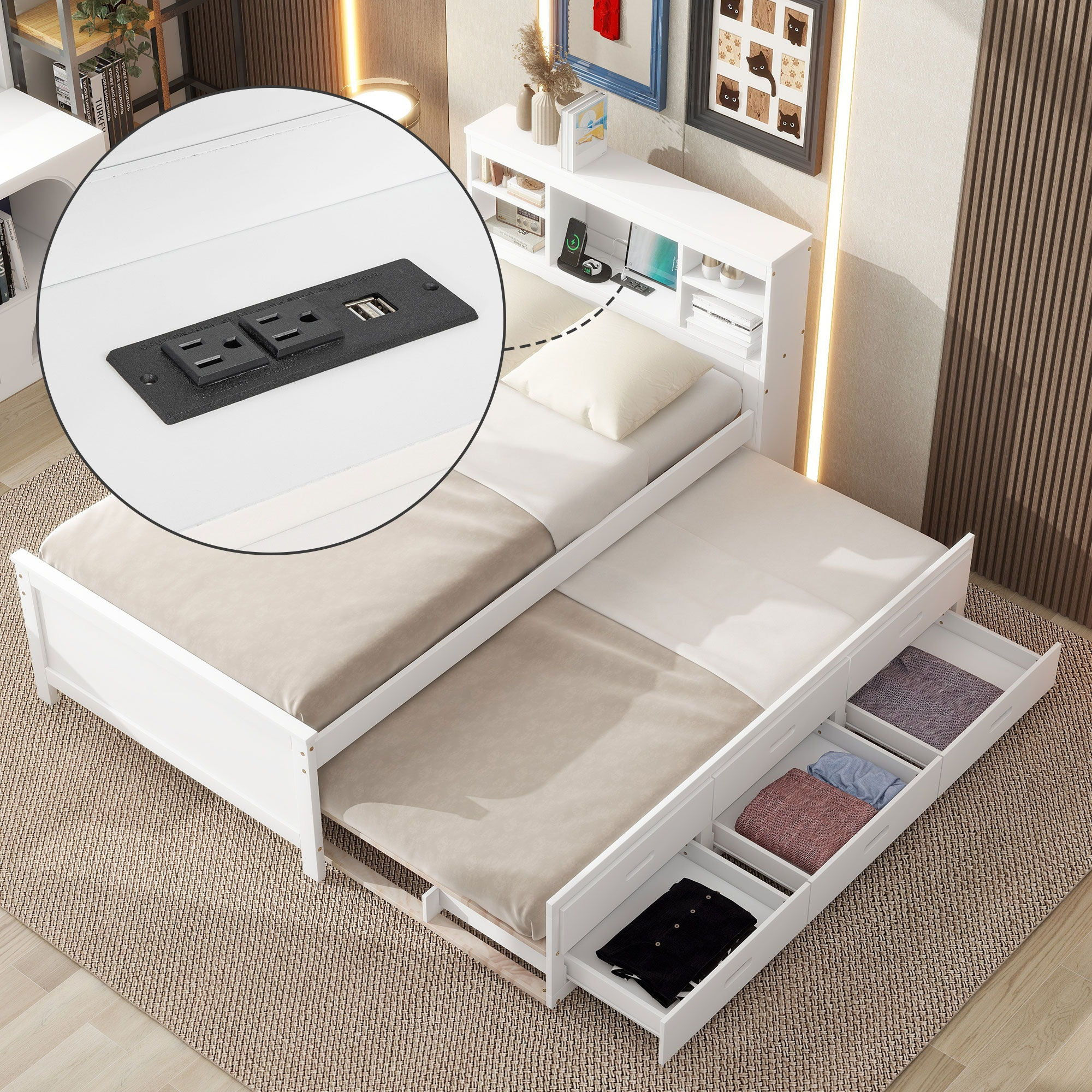 Twin Size Platform Bed With Storage Headboard, USB, Twin Size Trundle And 3 Draw