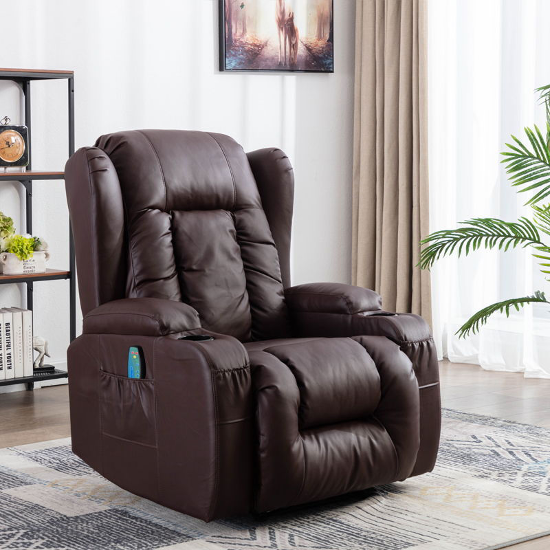 Brown PU Recliner Chair Single Sofa, Eight Point Massager Function And Heated, R