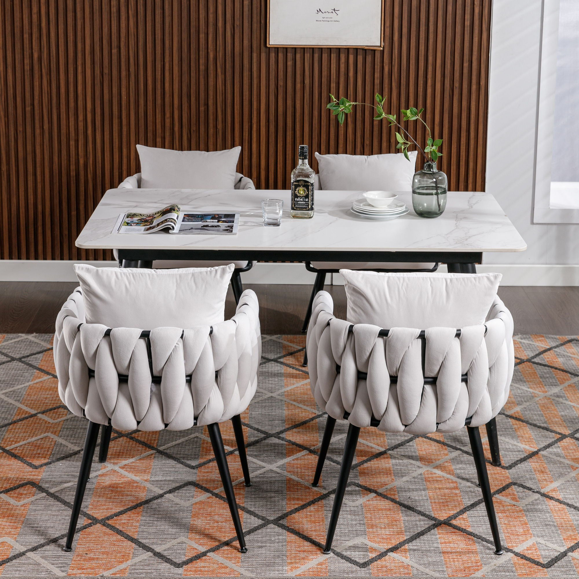 PUre Ivory Modern Velvet Dining Chairs (Set of 2) Hand Weaving Accent Chairs Liv