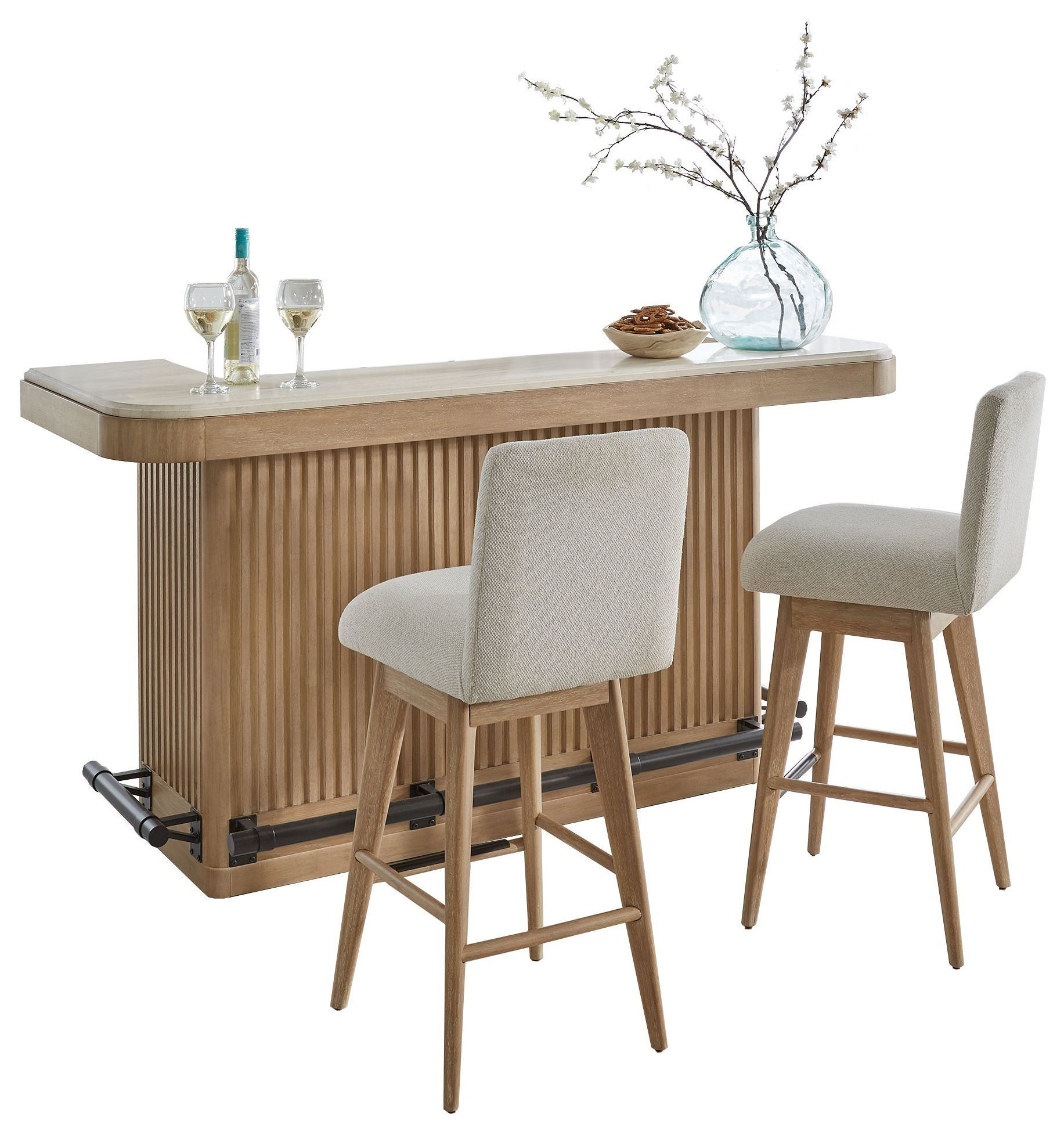 Escape - Dining 78" Bar With 2 Upholstered Swivel Barstools - Glazed Natural O
