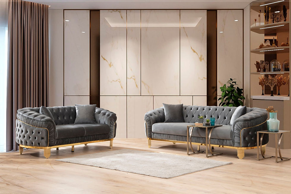 Thumbnail: Vanessa 2 Pieces Livingroom Set In Gray And Gold With Fabric Button Tufted Velve