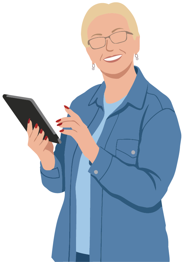 Illustration of a smiling older woman using a tablet, accessing digital women's health information and online resources.