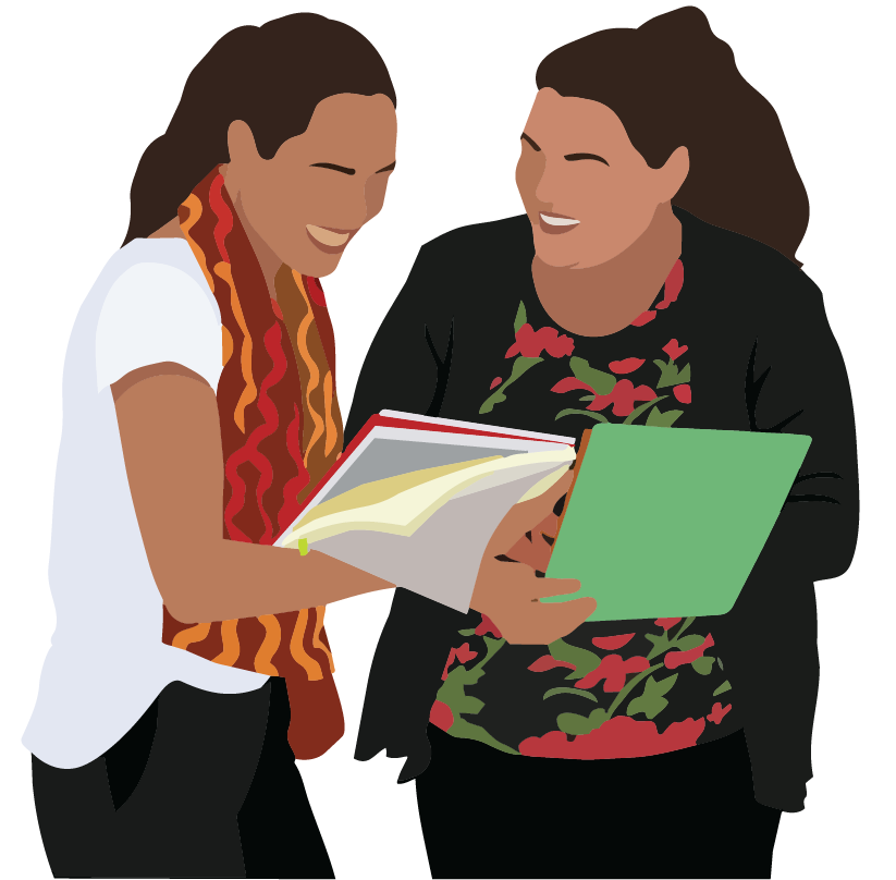 Illustration of two smiling women sharing a folder of documents, reflecting collaboration and culturally inclusive women's he